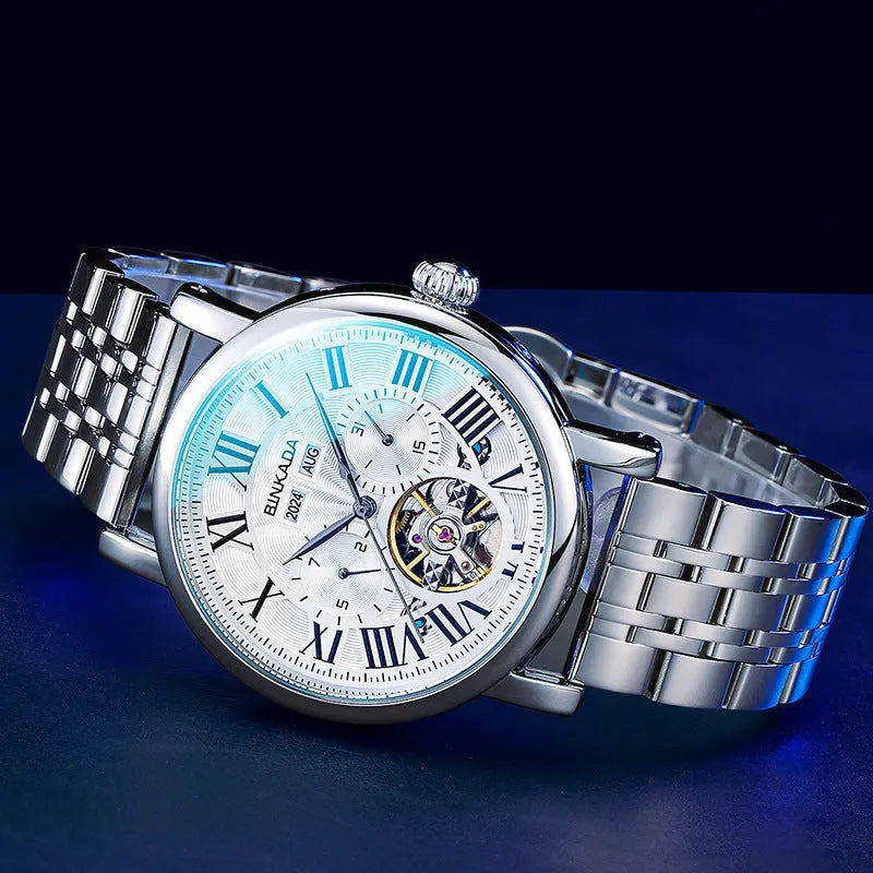 Men's automatic waterproof business watch with a steel strap in black or white colour.