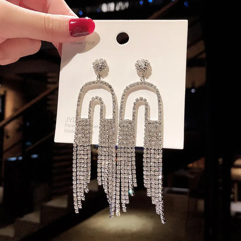 Light luxury tassel long earrings for women, geometric design, alloy with electroplated finish.