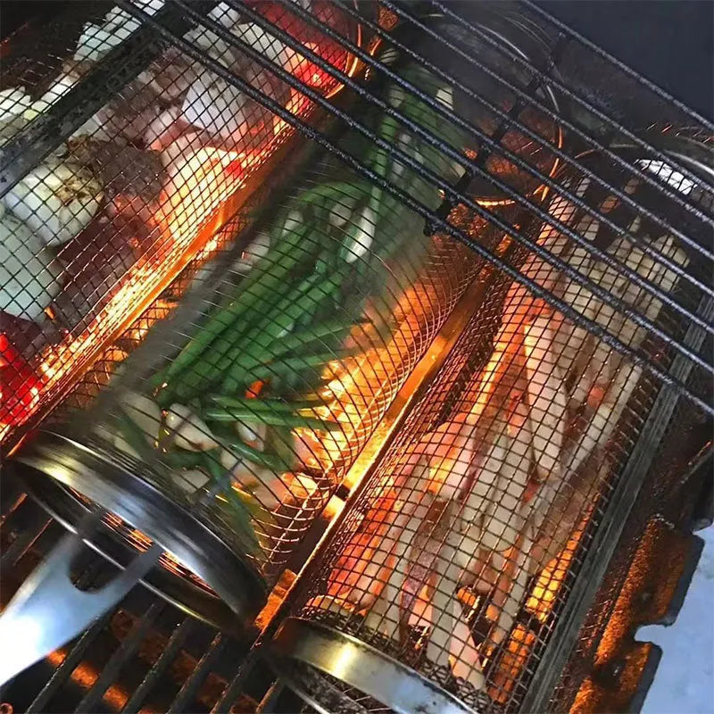 Cylindrical iron wire rolling barbecue grilling basket with a metal hook.