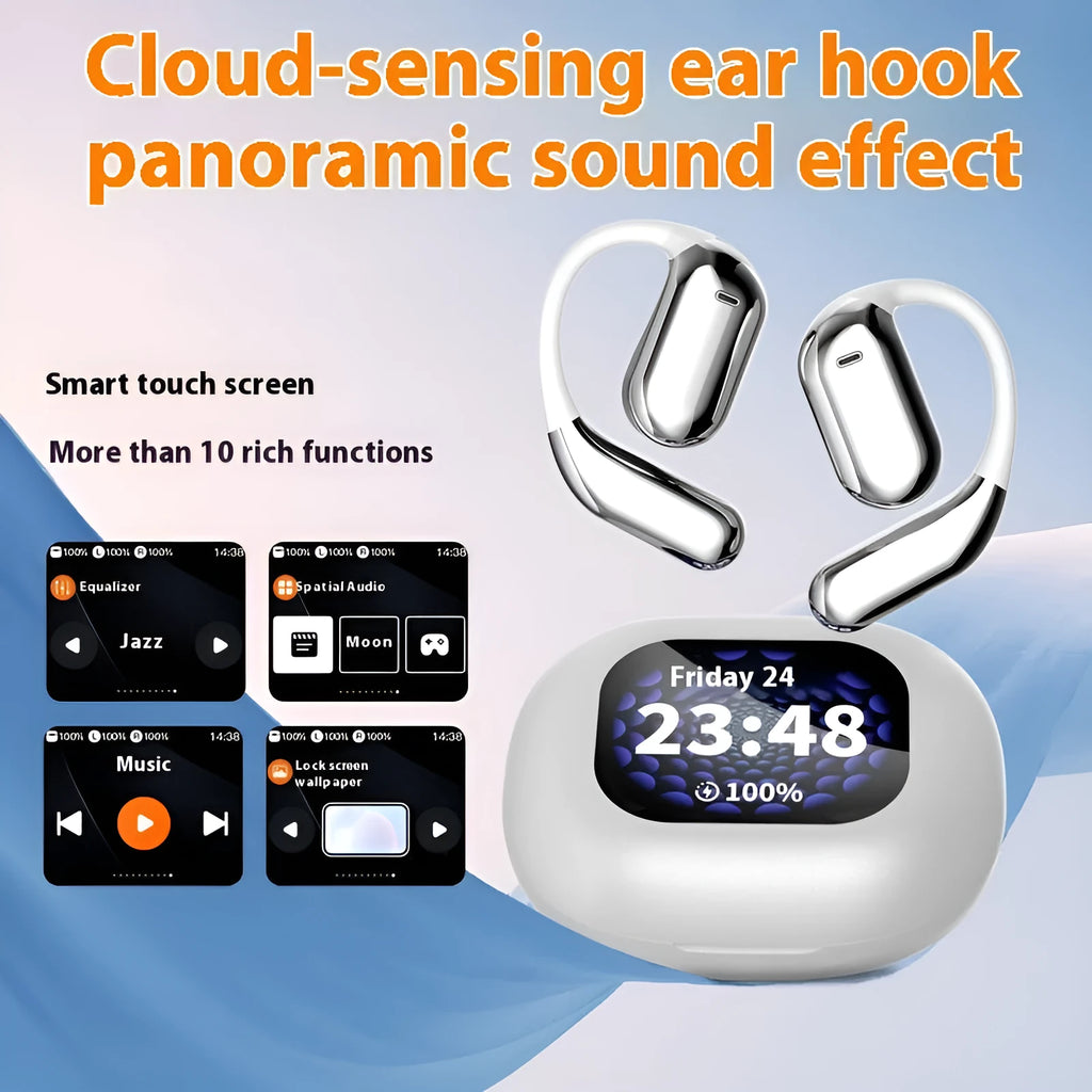 LED Display Ear-mounted OWS Bluetooth Headset in Gray with Digital Display and Ear Hook Design