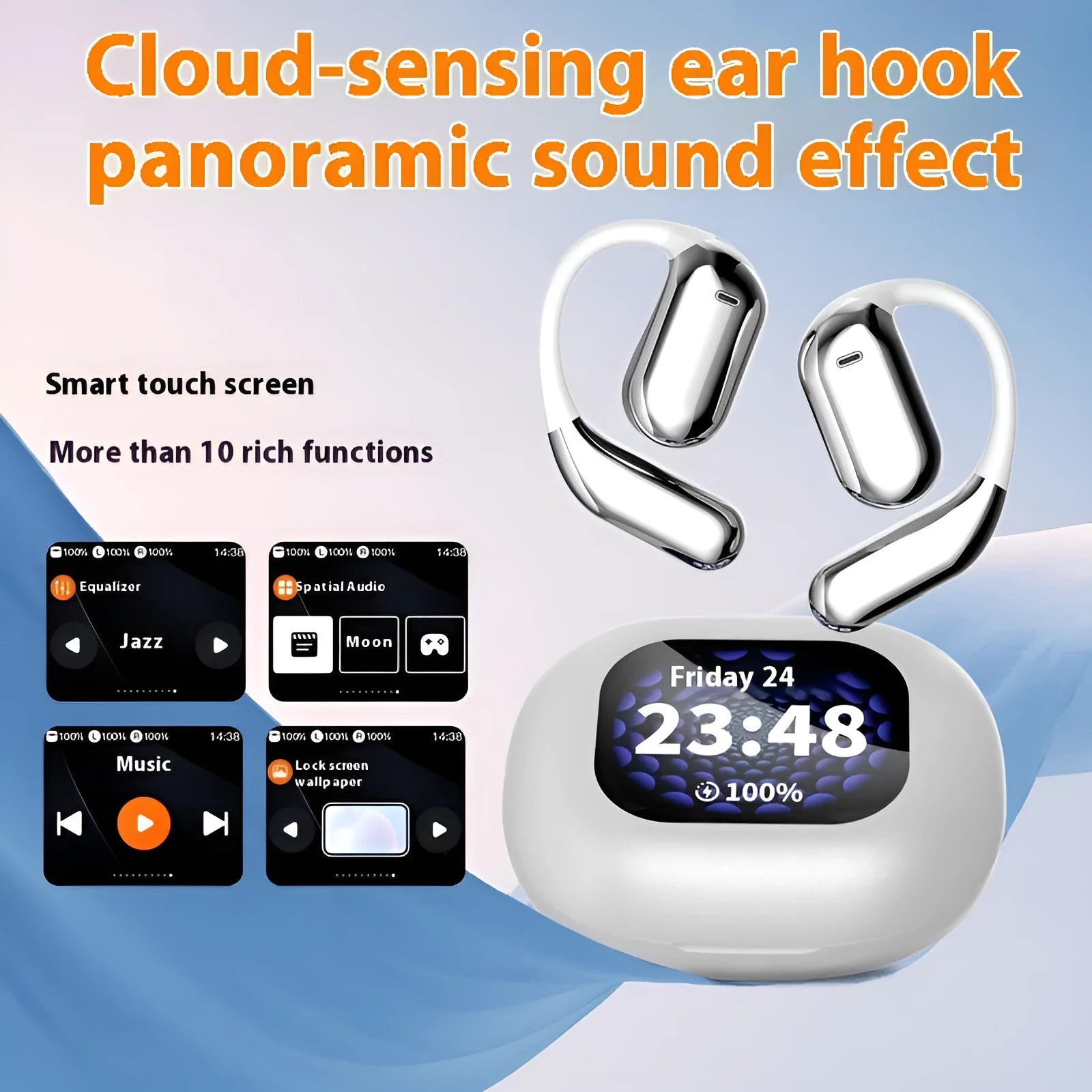 LED Display Ear-mounted OWS Bluetooth Headset in Gray with Digital Display and Ear Hook Design