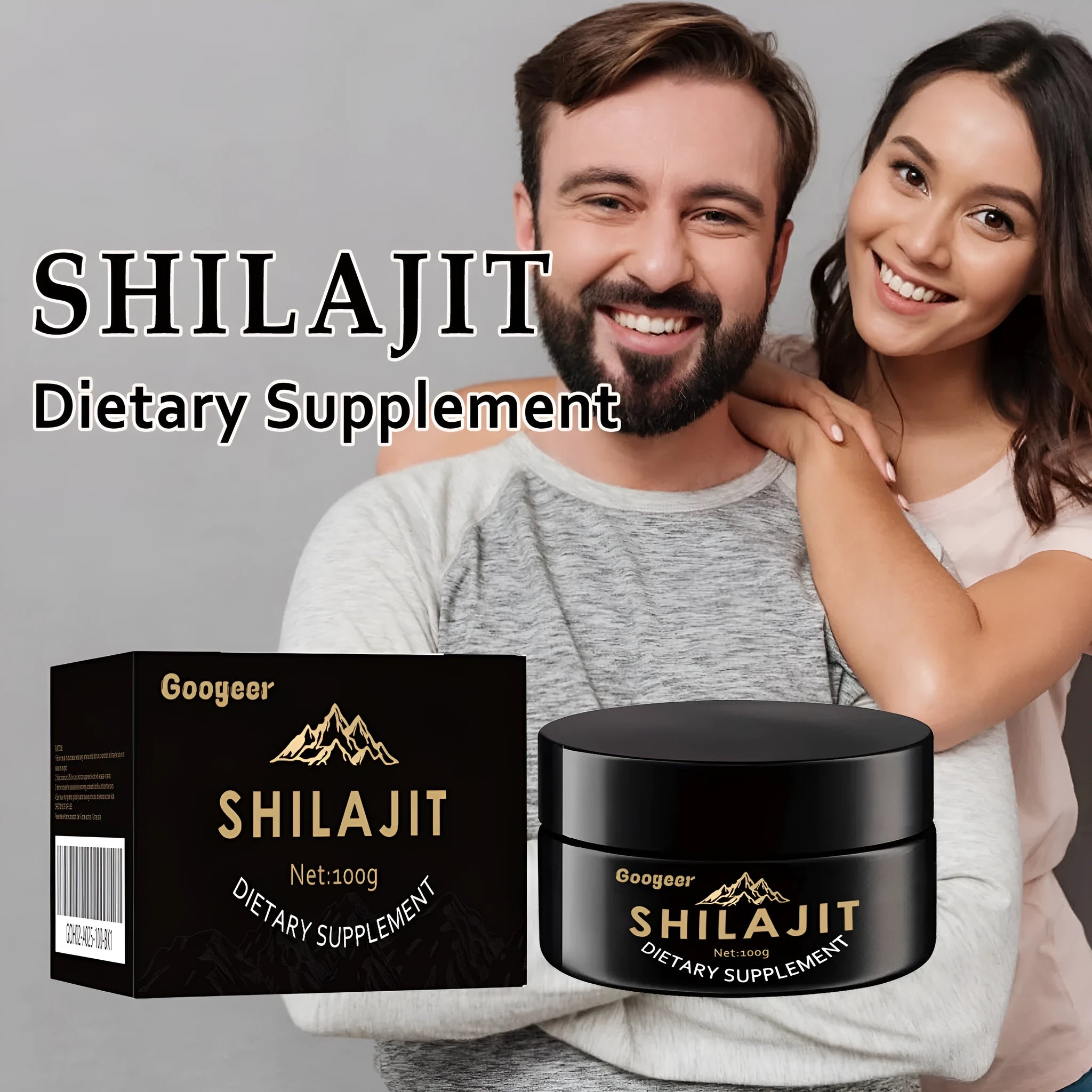 Googeer Shilajit dietary supplement body care kit showing a 100g container