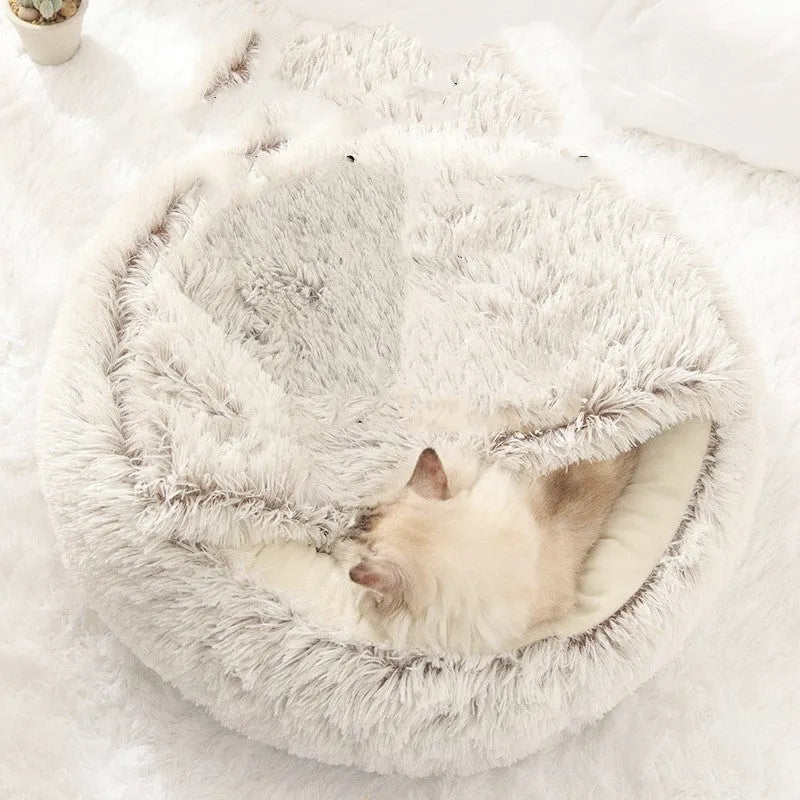 Round crystal velvet cat nest in grey with raised rim, semi-enclosed design, and Oxford bottom base