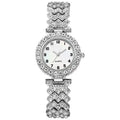 Gold ladies quartz watch and matching alloy bracelet set on white background, 10mm case thickness