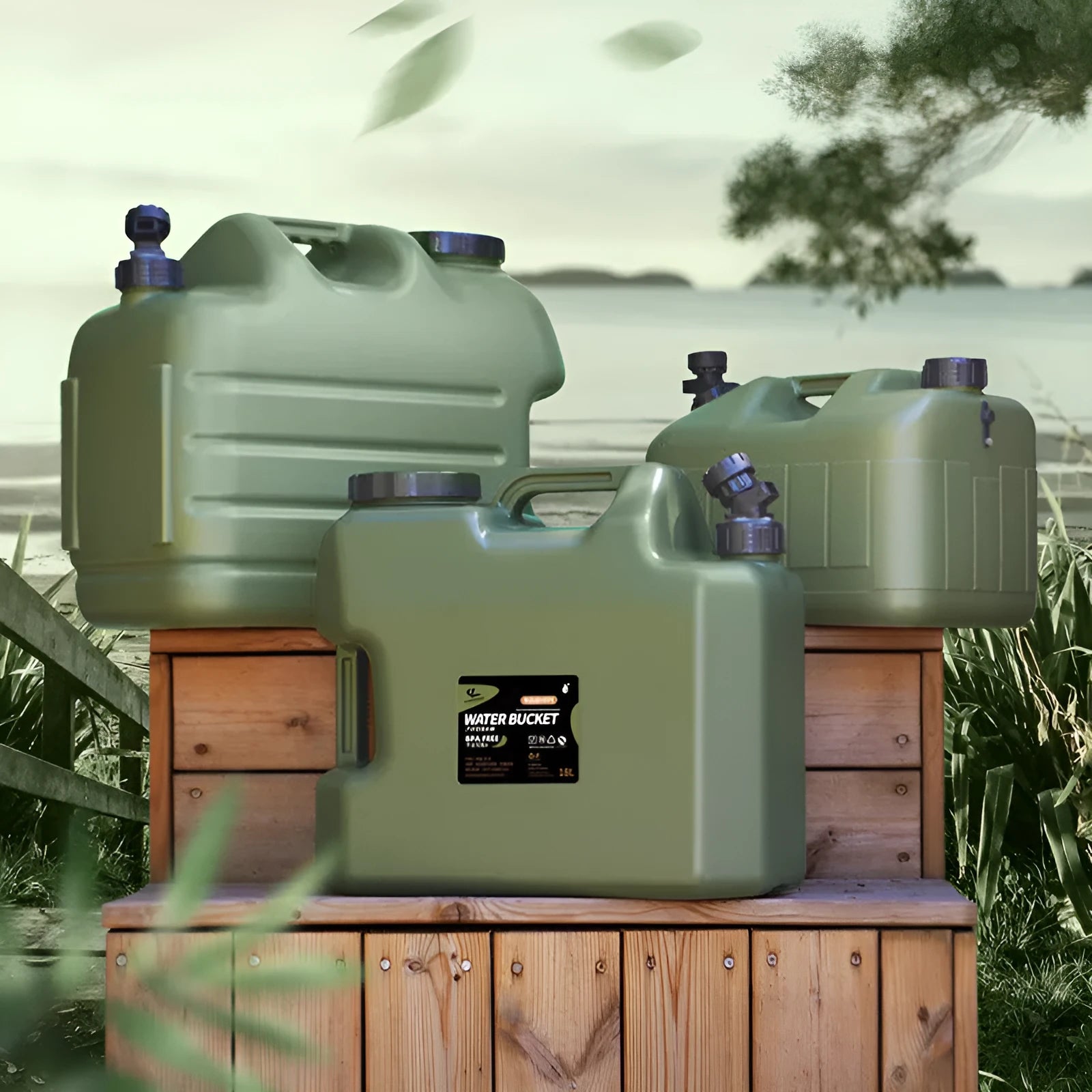 Army green thickened PE portable water storage tank with cap, available in 10L 18L 25L capacities