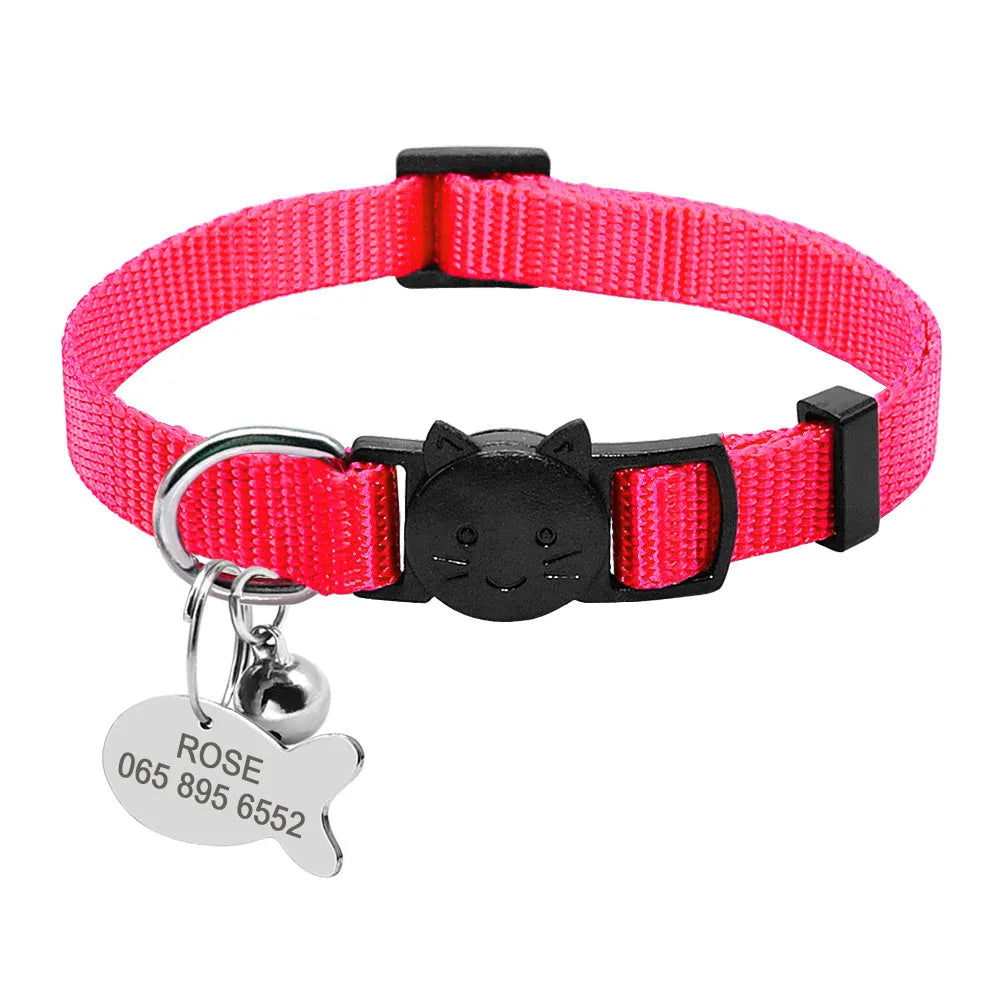 Personalised safety breakaway cat collar with quick release buckle, nylon webbing, fish ID tag, bell, black, for small cats