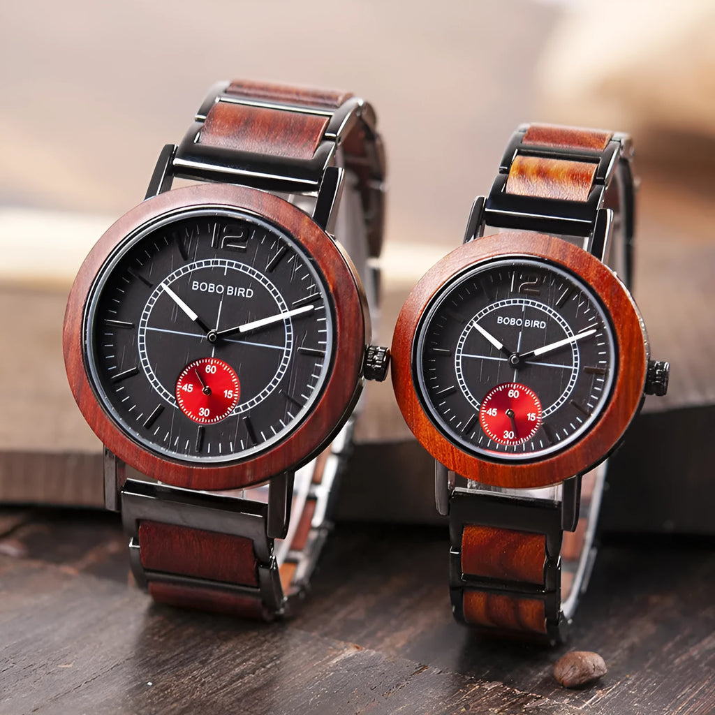 BOBO BIRD wooden couple watch set R12 R13 with natural wood case, Hardlex mirror, 43.7mm men's and 36.1mm women's sizes
