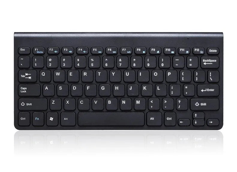 Black and white wireless keyboard and mouse set showing 78-key layout and 4-button mouse design