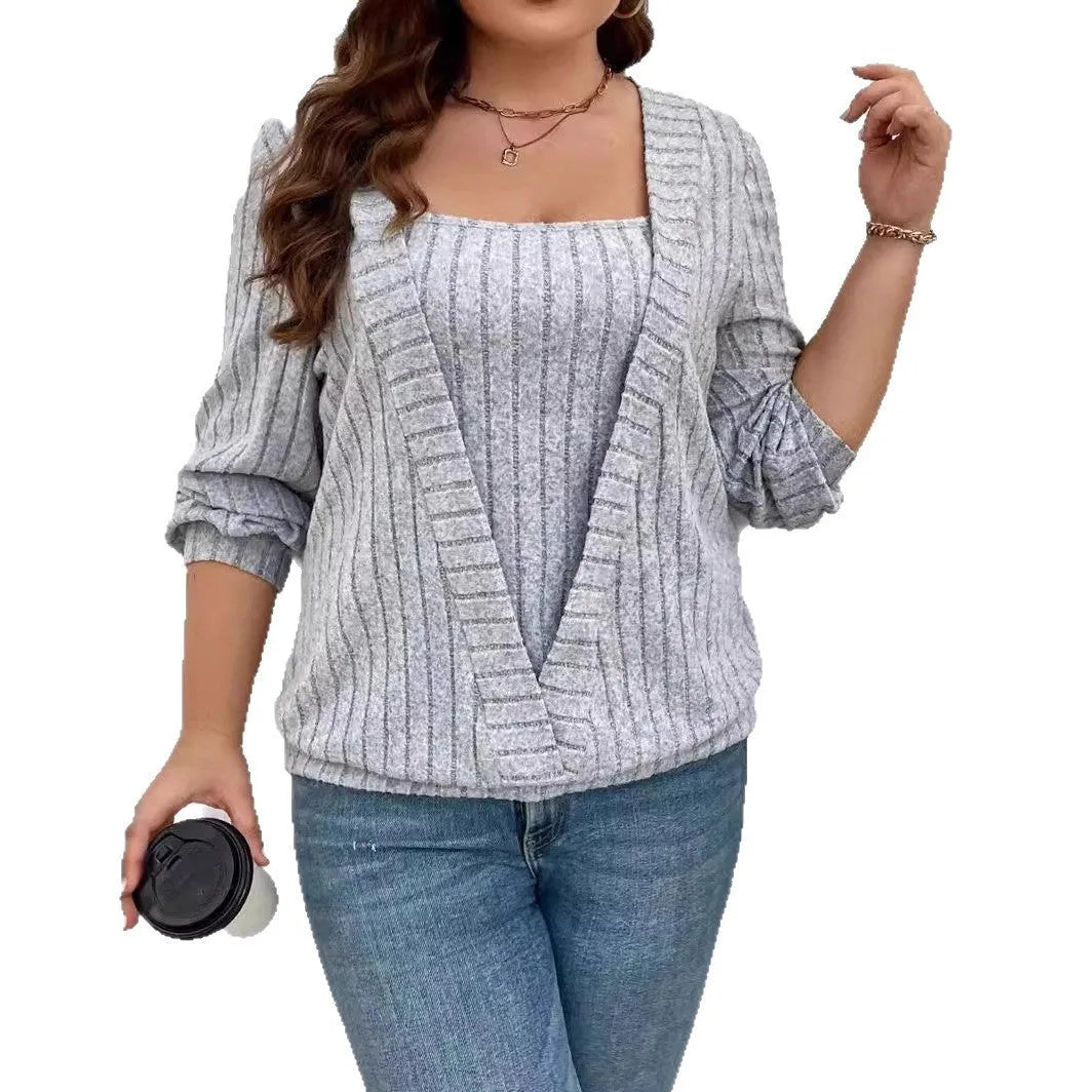 Women's loose fit long sleeve V-neck top in black ribbed polyester fabric with false two-piece suit detailing