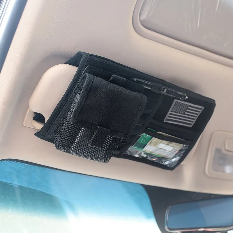 Vehicle sun visor organizer 1000D nylon 36cm by 35cm in black with storage pockets