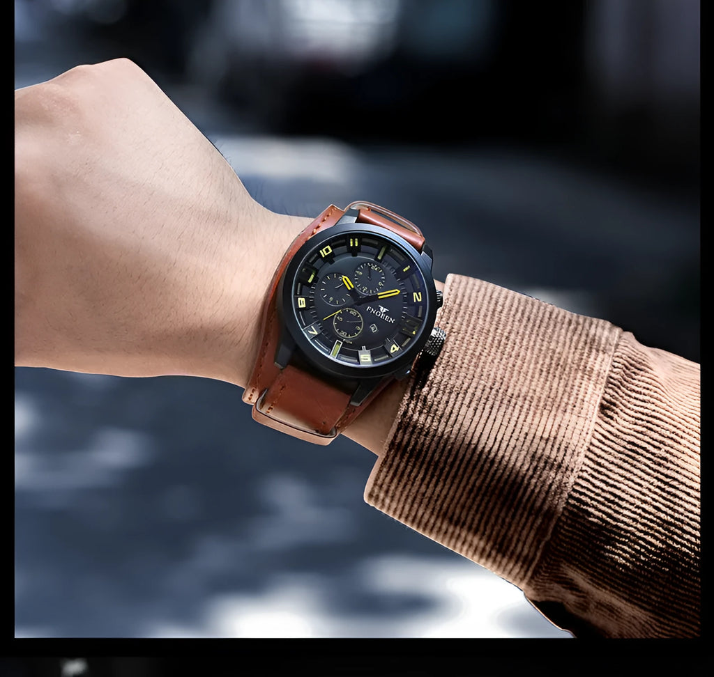 Casual waterproof watch with nubuck leather strap, black shell, 40.5mm dial, perspective window