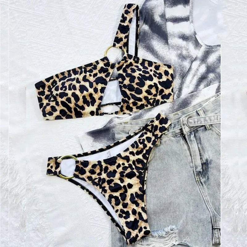 Women's leopard print polka dot hollow design nylon bikini swimwear
