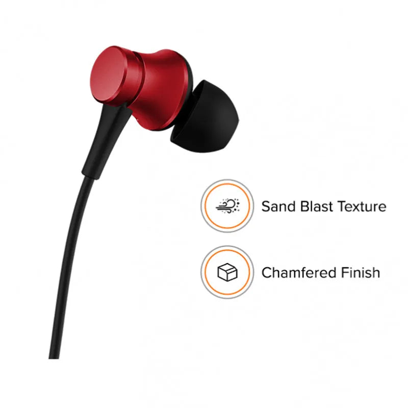 Piston style wired in-ear headphones with 3.5mm jack in black, blue, and red colour options.