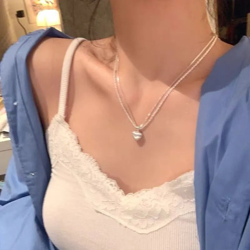 Double-layer brushed silver heart pendant necklace for women with adjustable chain