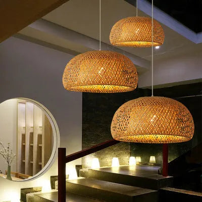 Brown bamboo woven pendant light with E27 base measuring 180x300mm