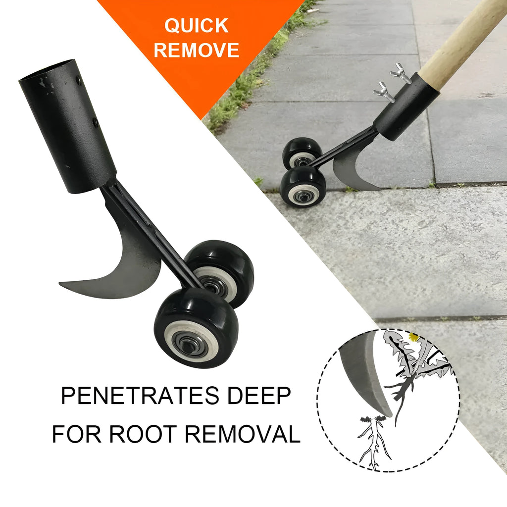 Manual weed puller set with telescopic rod, gap weeder head, and sickle weeder on a garden lawn