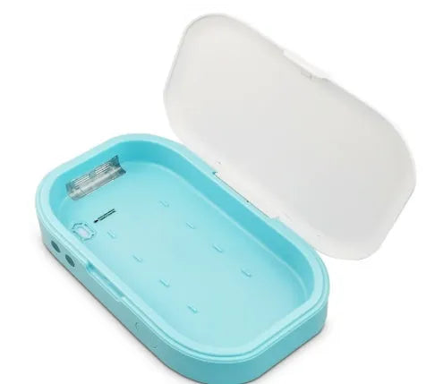 Blue UV steriliser box for mobile phones and small items showing dual UV lamps and compact size for 7-inch phone