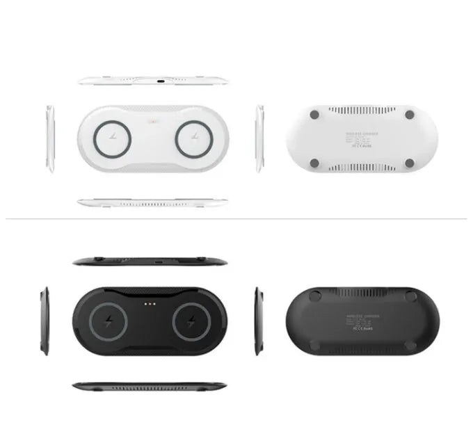 Black and white dual wireless charging pad showing two phone charging positions with Type-C cable