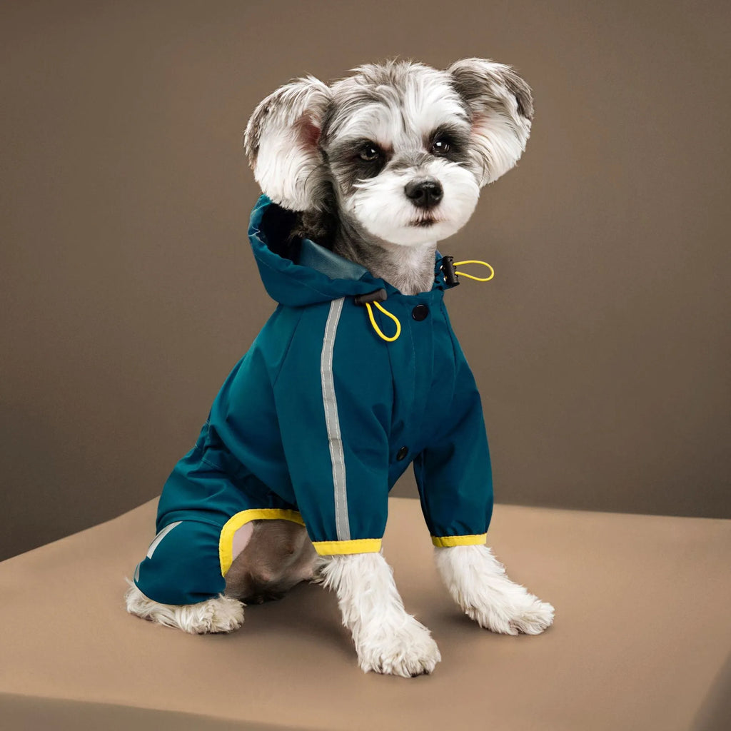 Four-legged dog raincoat in PUC polyester fibre waterproof pet clothing, sizes S to 2XL, black yellow pink blue