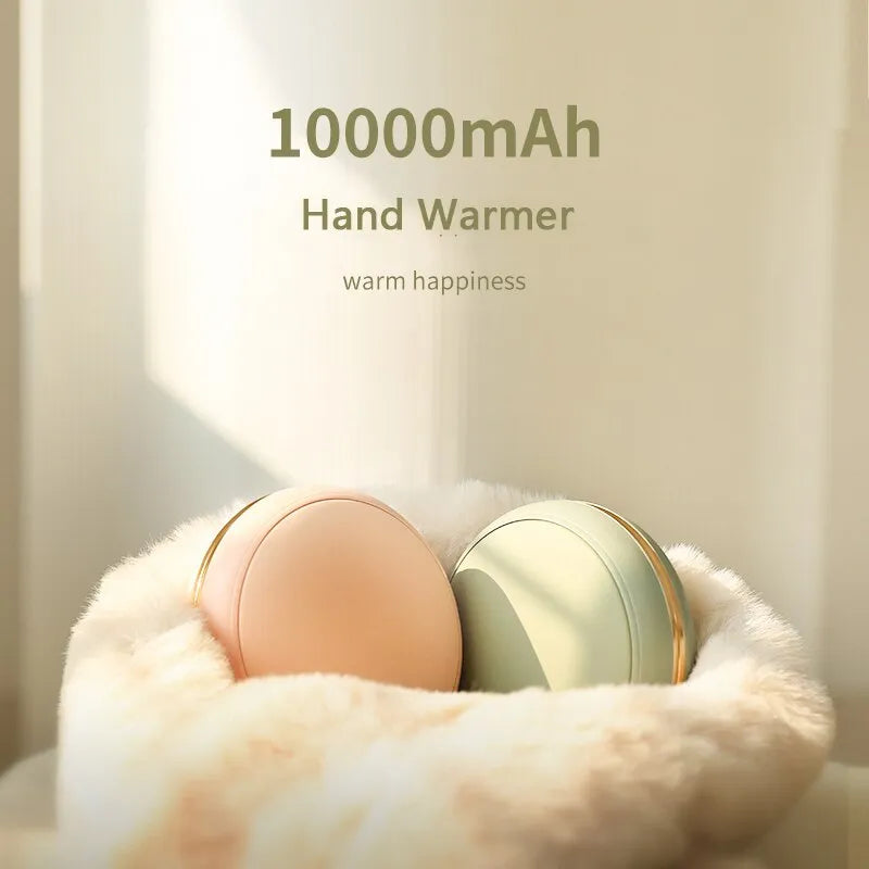 Brown portable USB power bank with 10000mAh capacity and hand warmer function showing USB-C port