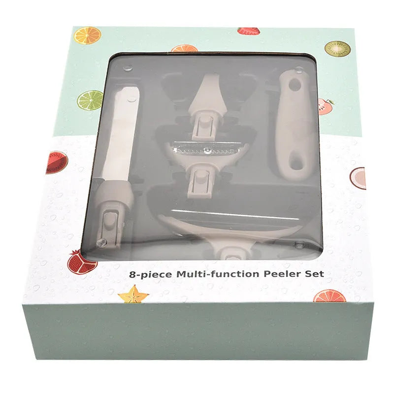Green eight-piece disassemblable kitchen multi-planer set with stainless steel blade on a white background.