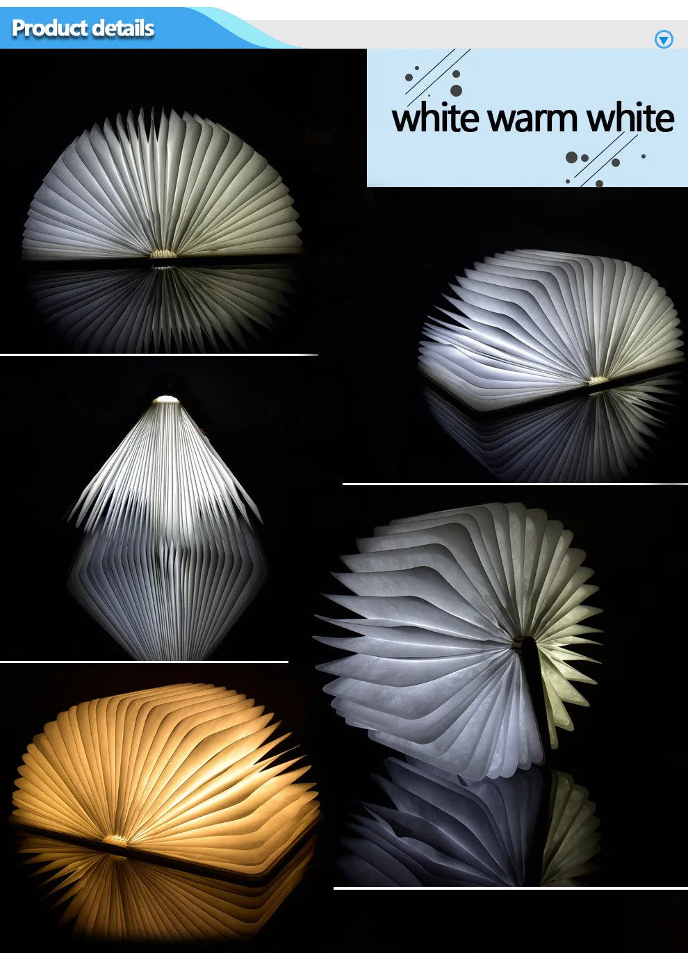 Walnut cover LED book light open at an angle showing white light pages on a surface