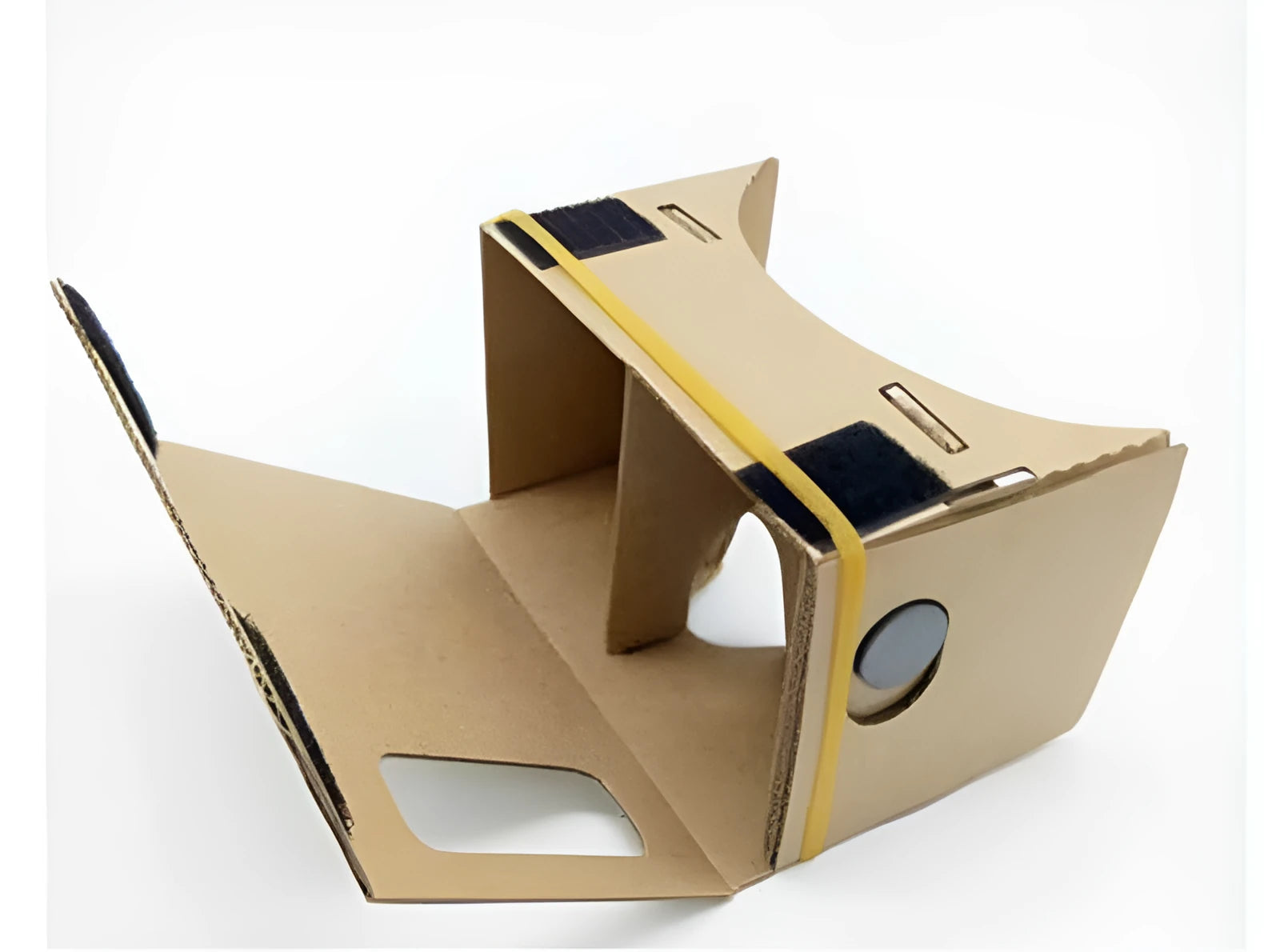 Foldable pink and white VR cardboard glasses headset for smartphones with adjustable strap and 3D lenses.