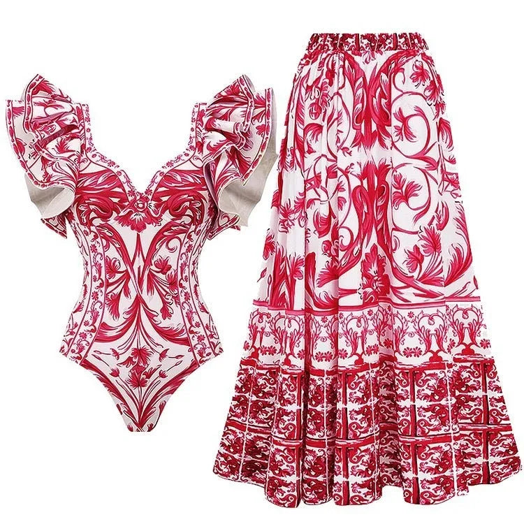 Women's printed one-piece swimsuit in polyester fabric available in multiple colours and sizes.