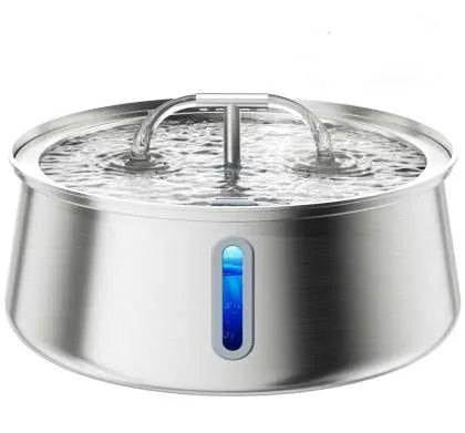 Stainless steel round pet water dispenser with large reservoir and selectable faucet attachment