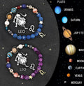 Set of two natural stone beaded bracelets with zodiac charms on a neutral background.