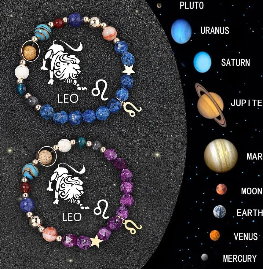 Set of two natural stone beaded bracelets with zodiac charms on a neutral background.