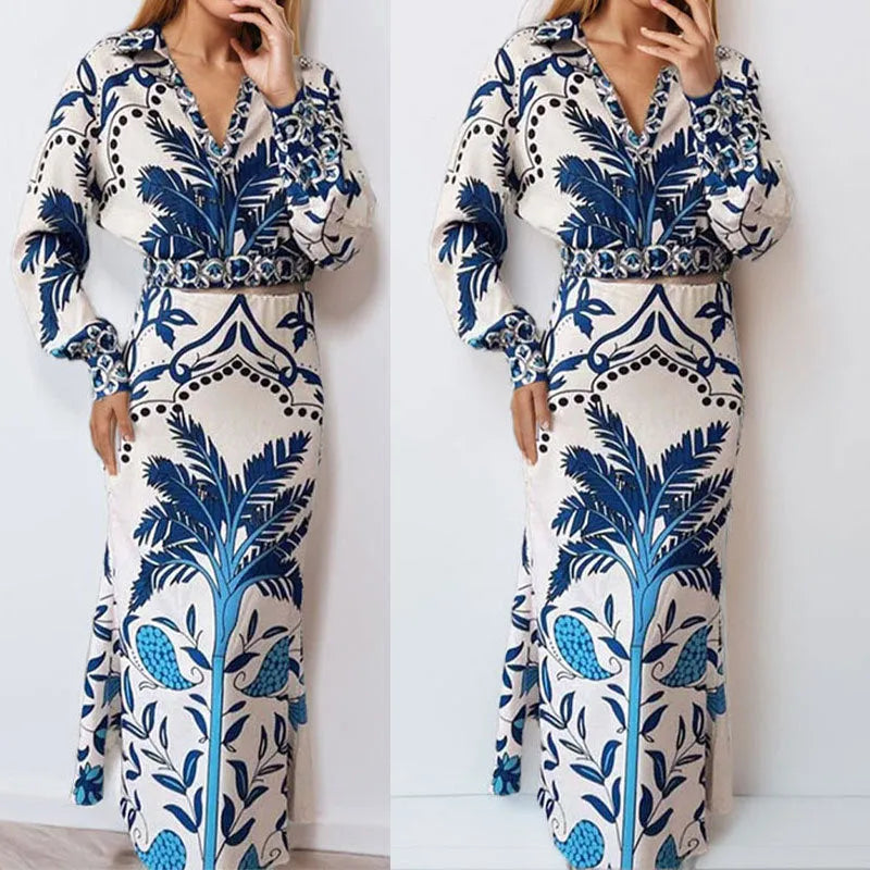 Women's long sleeve top and skirt early spring casual set in polyester fabric