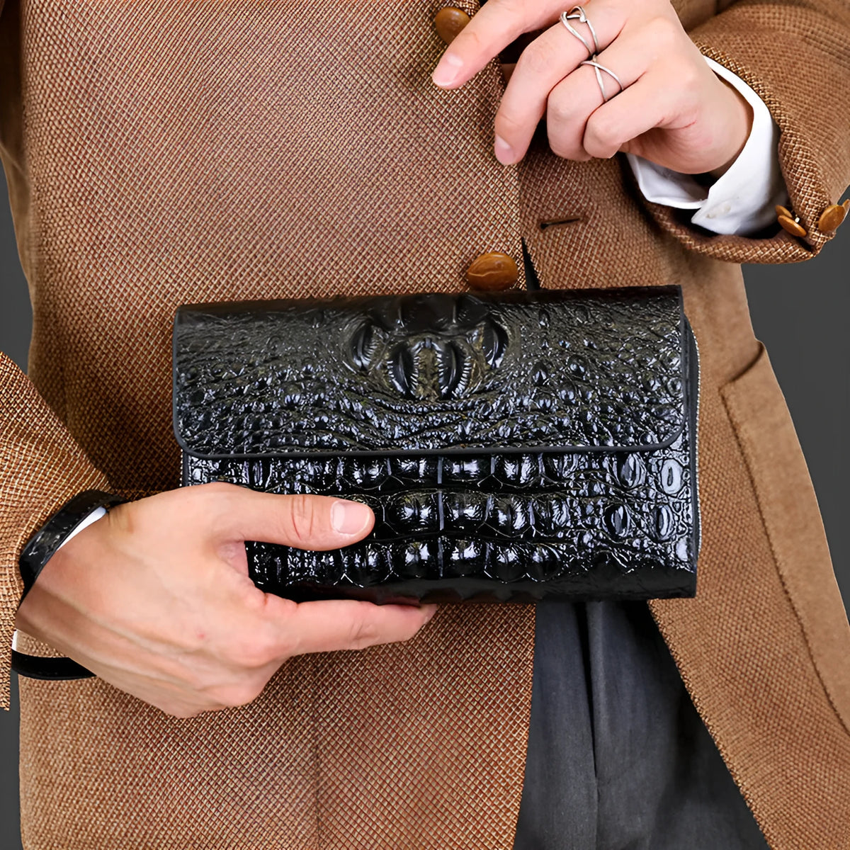 Men's hand carrying double-layer mobile phone bag in PU solid black colour, simple style, front view