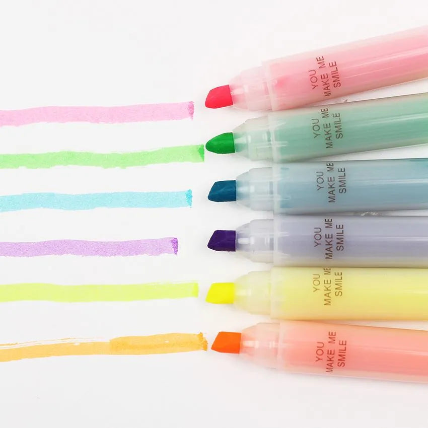 Six colour highlighter set showing yellow, pink, blue, green, orange, and purple pens with oblique tips