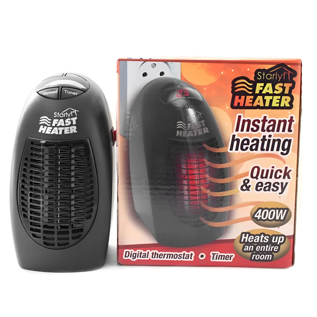 Black compact ceramic mini electric heater with digital display and a rotating three-prong plug.