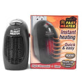 Black compact ceramic mini electric heater with digital display and a rotating three-prong plug.