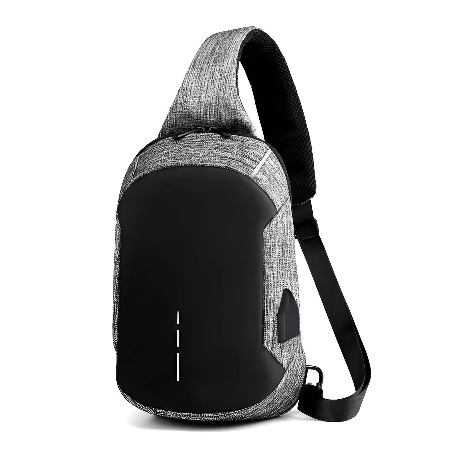 Small dark blue oxford cloth chest bag with a zipper and adjustable strap, showing internal phone pocket.