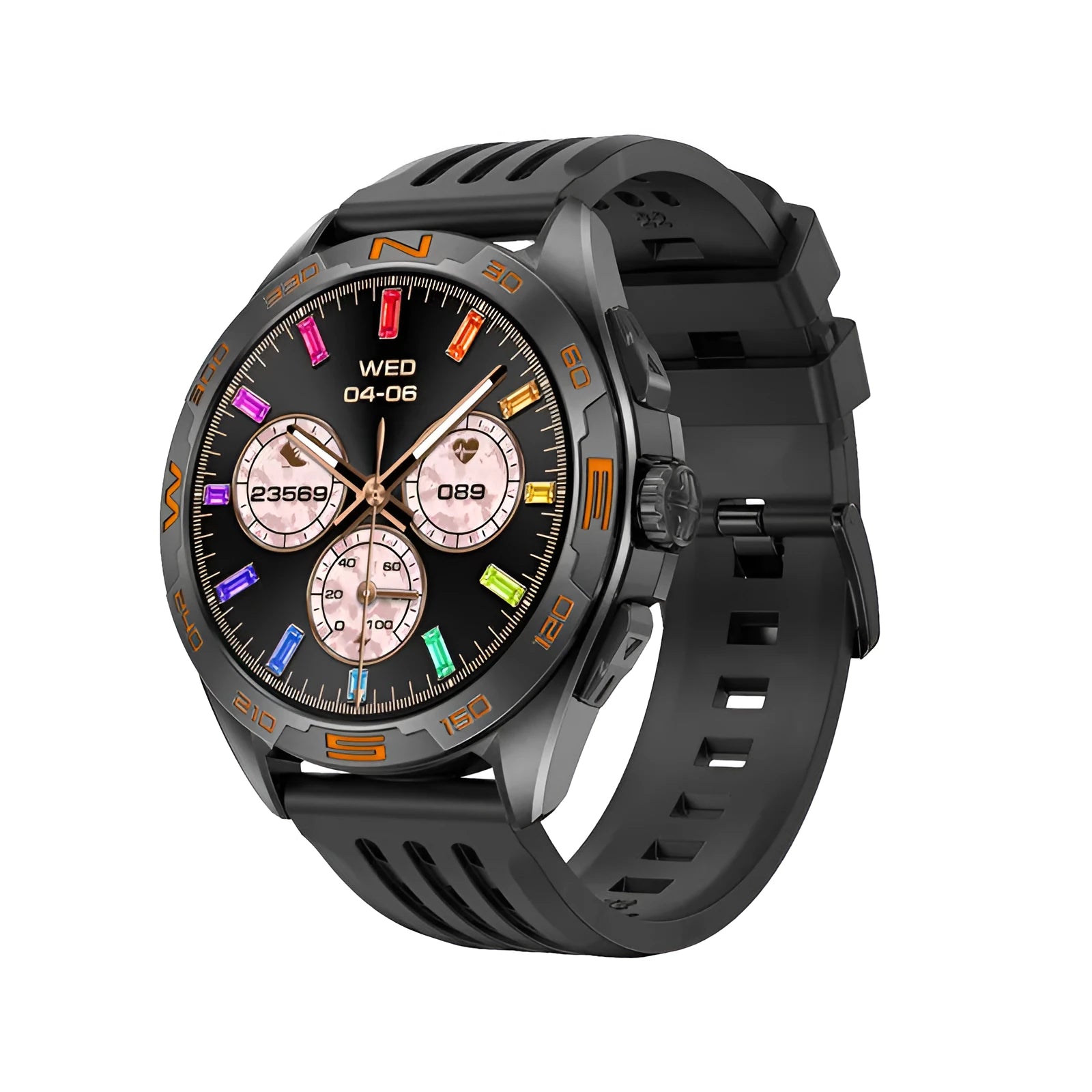 Black steel smart watch with IPS screen displaying health stats and WhatsApp notifications.