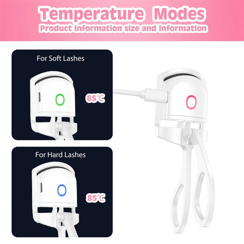 White heated eyelash curler with USB charging cable and two temperature modes, compact 41 x 65 x 130mm size
