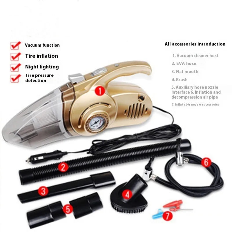 Gold 12V wet and dry four-in-one car cleaner made of ABS plastic, 35x18cm handheld design