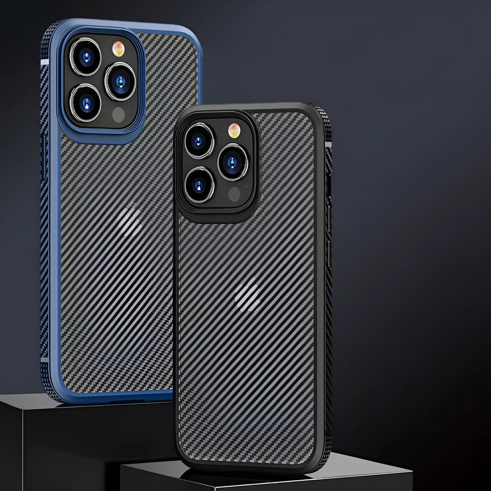 iPhone 13 protective case in black with carbon fibre pattern showing TPU and PC construction