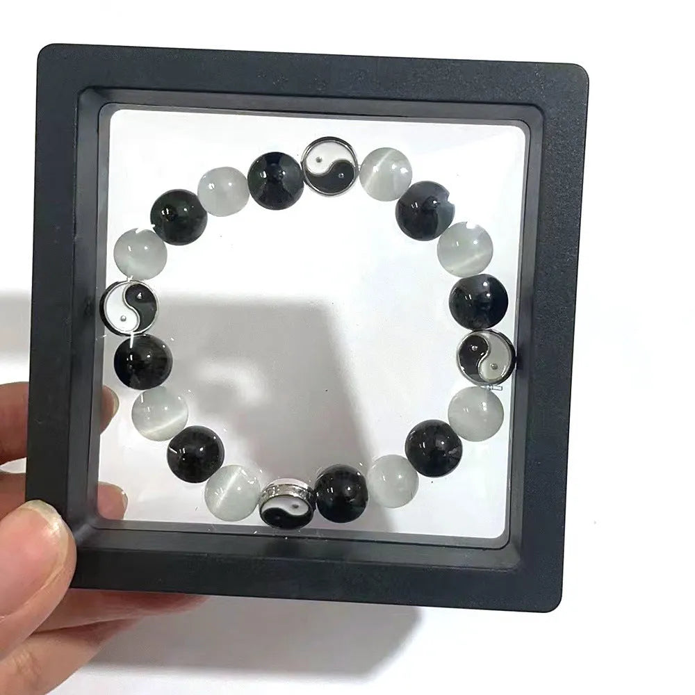Natural opal agate Chinese Tai Chi beaded bracelet with 10mm polished stone beads and black agate details