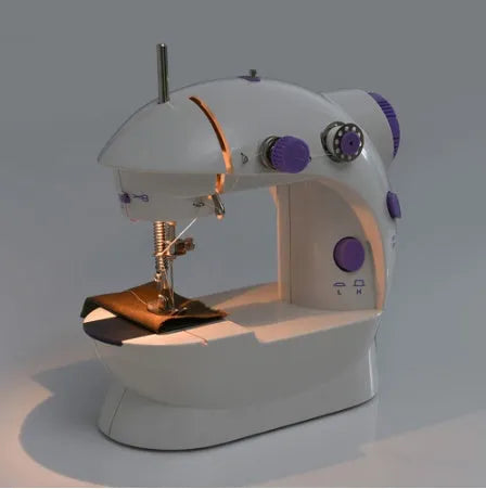 Miniature electric household sewing machine measuring 20 x 15 x 10 cm with straight stitch cylinder