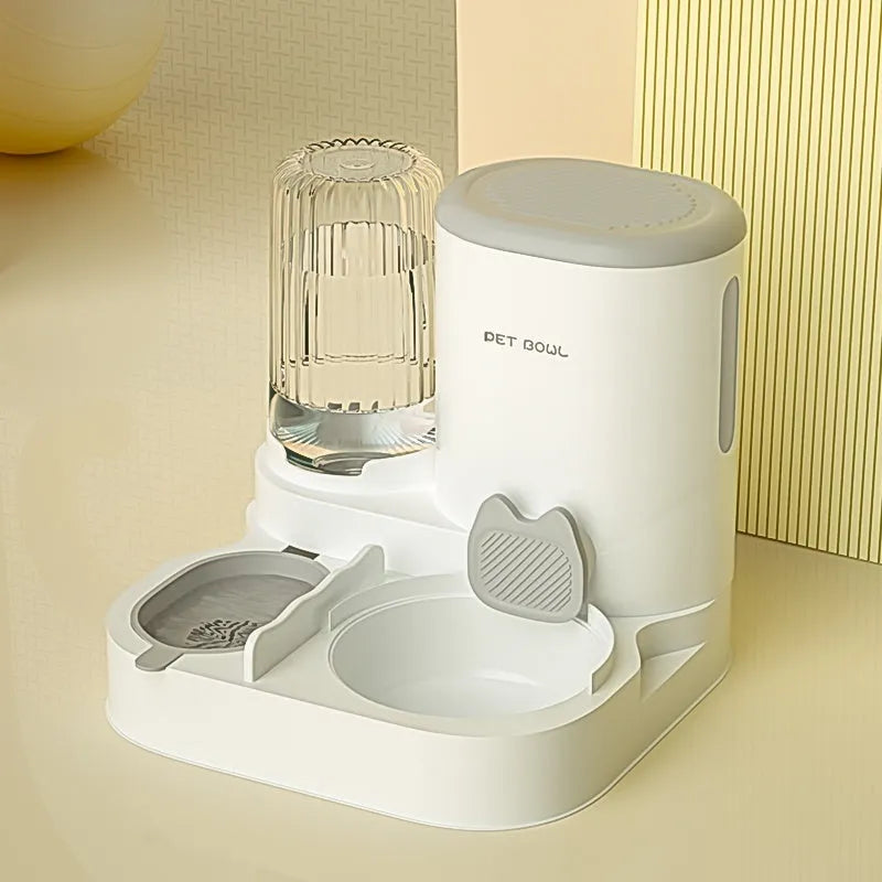 Automatic cat food and water fountain with integrated double stainless steel bowls in avocado green.