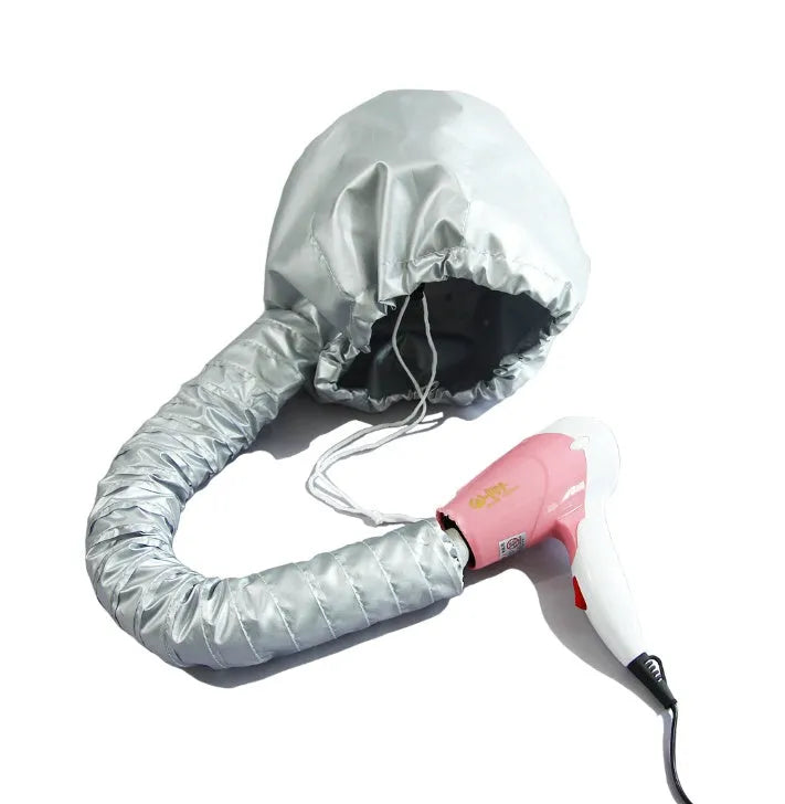 Pink hair dryer bonnet hood with drawstring and elastic tube for universal fit