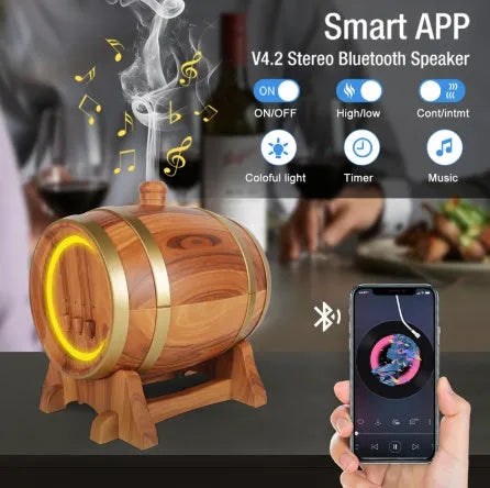 Smart APP aromatherapy machine wooden barrel design with 350ml capacity Bluetooth control