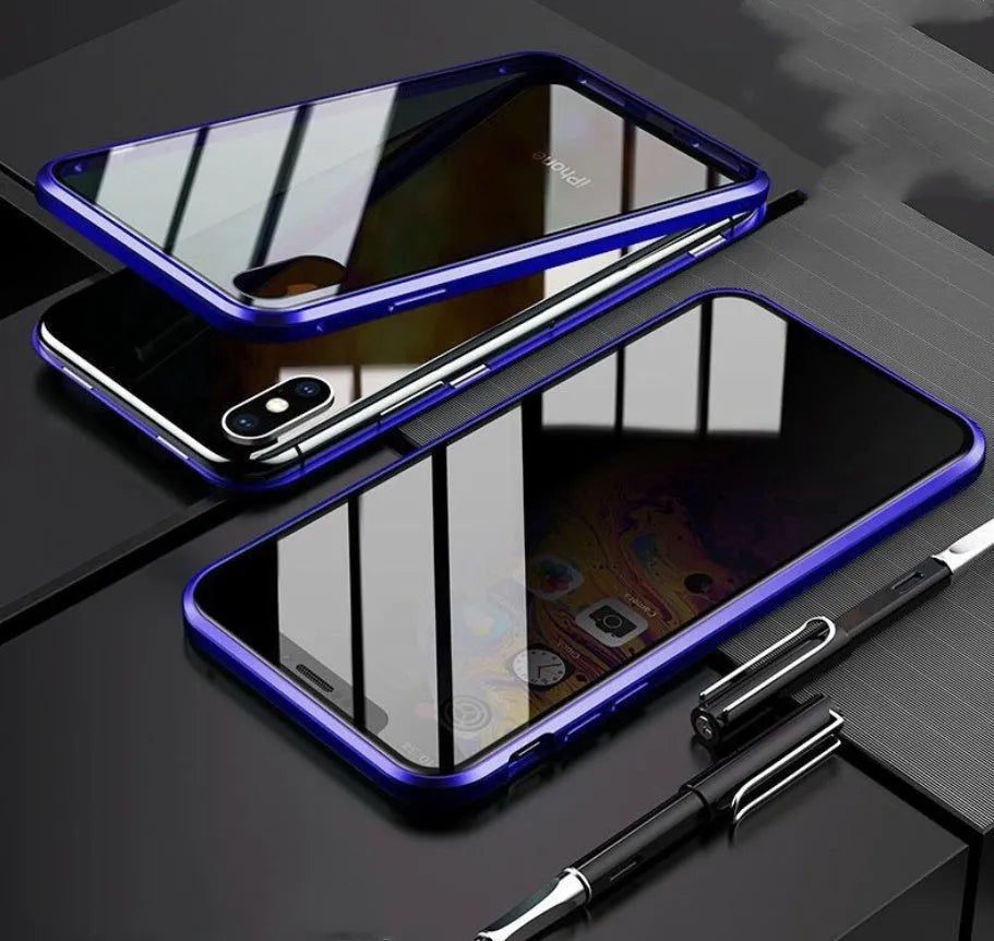 Geometric patterned glass anti-spy clamshell case for iPhone in multiple colours.
