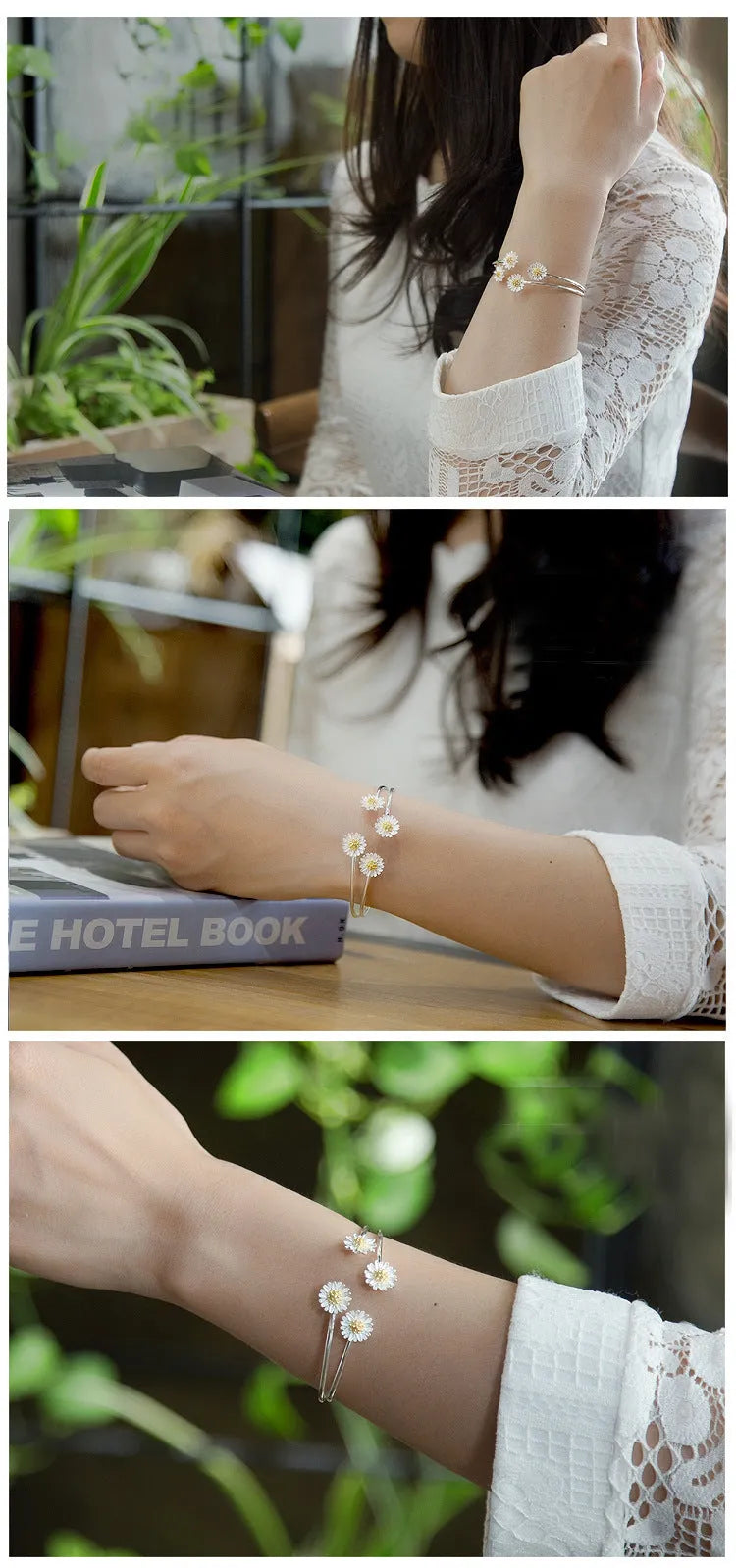 S925 sterling silver double daisy bracelet with a sweet floral design for wholesale silver jewellery