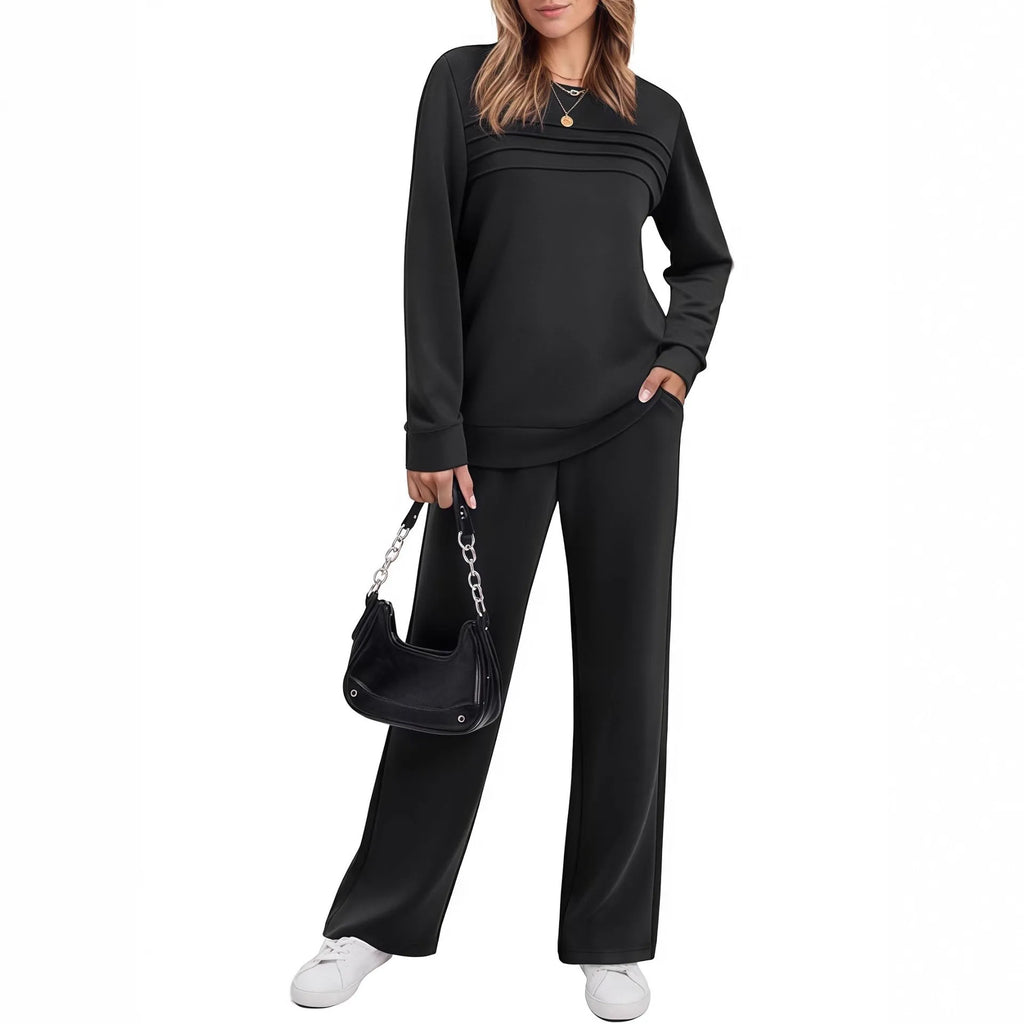 Casual women's long sleeve drawstring solid colour commute suit set in solid colour, polyester fabric, five colour options.