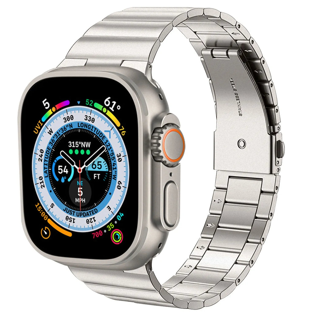 Stainless steel metal watch band for iWatch 38mm to 49mm in silver finish on table